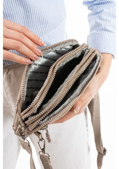 Nemo Bags Açık Vizon Unisex Cüzdan, 4 Gözlü, Telefonluk, Crinkle Kumaş, Çapraz Askılı Omuz Çantası, 20x12cm Açık Vizon