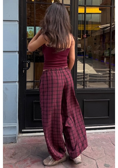 Madmext Bordo Ekose Desenli Yüksek Bel Balon Fit Kadın Pantolon Mg2726