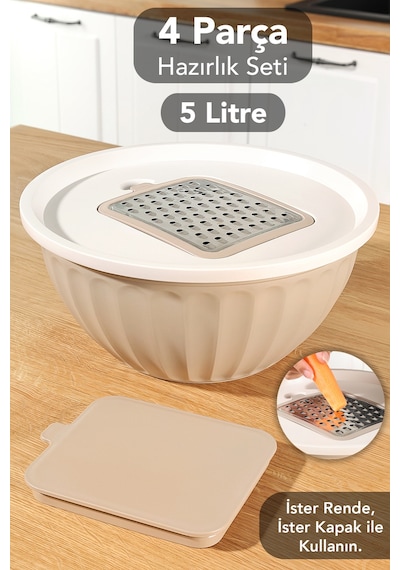4 Parça Rendeli Saklama Kabı - 5 Lt Büyük Boy Çok Amaçlı Kapaklı Çırpma Karıştırma Kabı Bej Bej