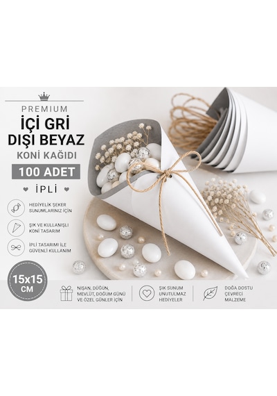 Premium Önü Beyaz Arkası Gri Koni Kağıdı 100 Adet İpli Hediyelik İkram Ve Şeker Sunum Külahı