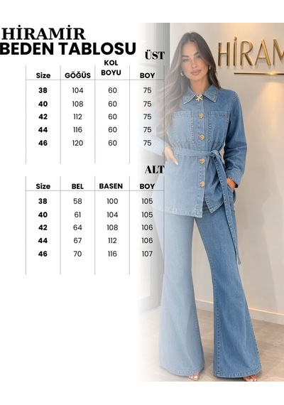 Hiramir Kadın Kot Takım Düğme Detaylı Kuşaklı Ceket Bol Paça Pantolon Takım Yz2521 Mavi