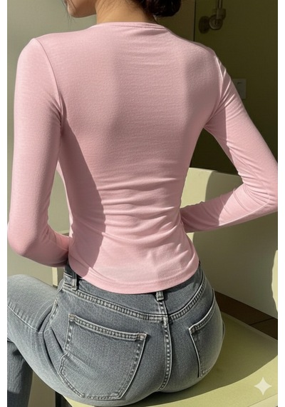 Kadın Kuğu Yaka Uzun Kollu Slim Bluz Pembe