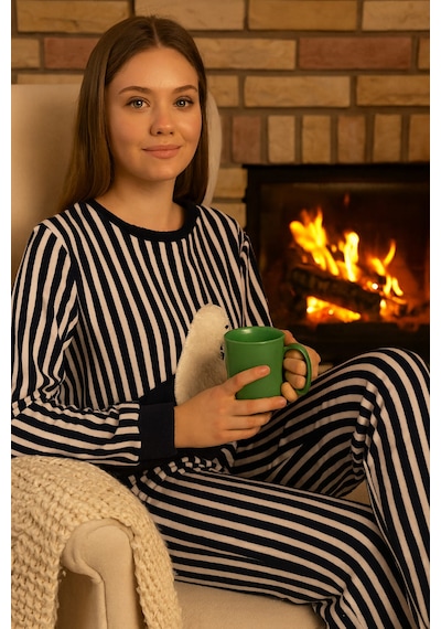 Senfoni Kadın Pijama Takımı Beyaz - Lacivert