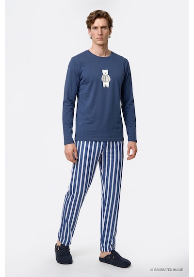 Ac&Co / Altınyıldız Classics Erkek Indıgo 2'li %100 Pamuk Yumuşak Dokulu Yan Cepli Çizgili Pijama Takımı İndigo