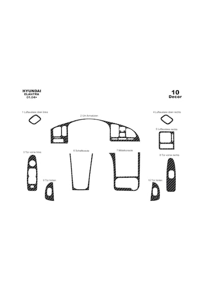 Hyundai Elantra Torpido Kaplama 2004-2007 10 Parça Karbon