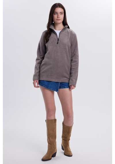 Tudors Kadın Standart Fit Anti-pilling Tüylenme Yapmayan Soğuk Geçirmez Açık Gri Bato Yaka Polar Sweatshirt-41781 Açık Gri