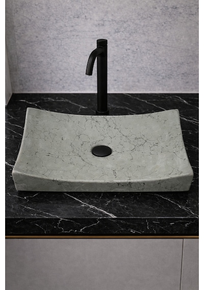 Mermer Desenli Tezgah Üstü Kayık Model Taş Lavabo 35 X 60 Cm Gri