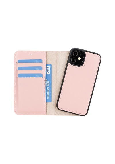 Plm Apple İphone 12 Mini Uyumlu Deri Cüzdanlı Kılıf Nu2 Pembe Acı Kahverengi