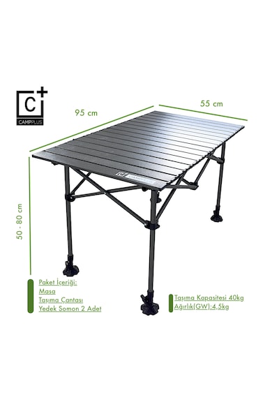Campplus Yayla Büyük Boy Katlanabilir Kamp Masası Teleskopik Ayaklı 95x55 Cm Gri - Siyah