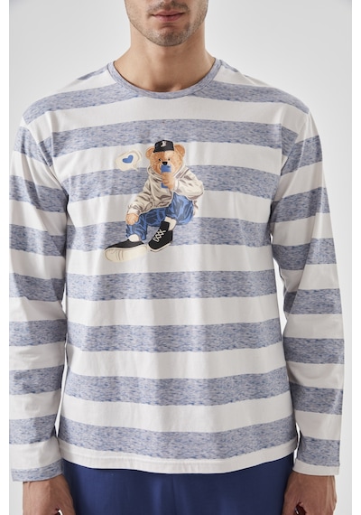 Erkek Pamuklu Uzun Kollu Üst Ayıcık Baskılı Pijama Takımı Ke77620 Lacivert