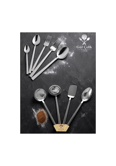 Gül Mutfak 34 Parça 6 Kişilik Çelik Düz Çatal Kaşık Ve Servis Seti 18/0 Inox