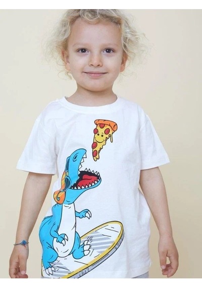Breeze Erkek Çocuk Pamuklu Pizza Yiyen Dinazor Baskılı Tshirt-14566 Beyaz