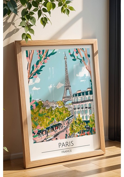 Fransa Paris Temalı Çerçeveli Tablo Travel Serisi Modern İllüstrasyon Şehir Duvar Dekoru Kayın