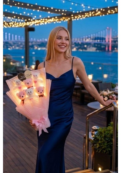 Kalp Aynalı Led Işıklı Pembe Peluş Ayıcık Buketi Sevgiliye, Arkadaşa Özel Hediye