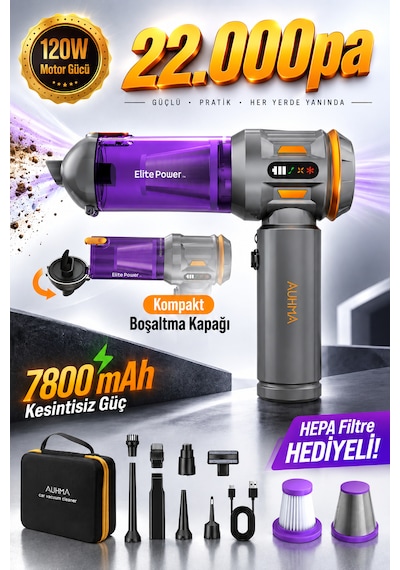 Auhma Ahv-24 Lımıted Edıtıon 22.000pa Brushless Kablosuz Araç İçi Basınçlı Üfleme & Çekme Süpürgesi Gri