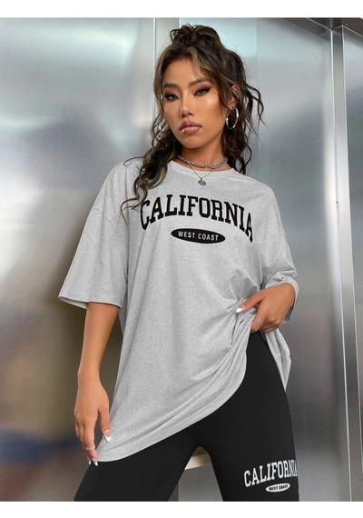 Flood Of Style Kadın Siyah Beyaz Calıfornıa Baskılı Bisiklet Yaka Tshirt