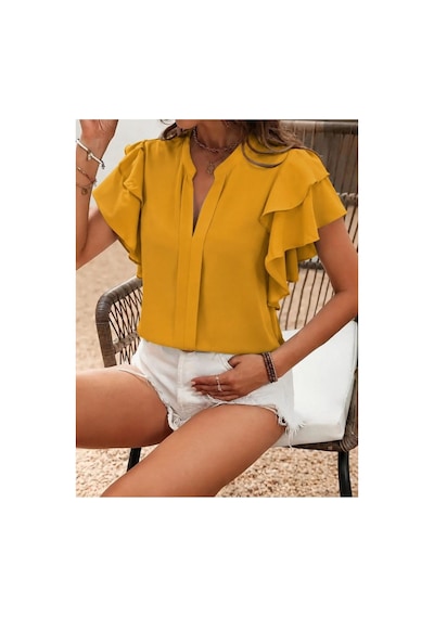 Butik İstanbul Kadın Kısa Kollu V Hakim Yaka Kolları Fırfırlı Dubai Bluz Sarı Butik İstanbul Kadın Kısa Kollu V Hakim Yaka Kolları Fırfırlı Dubai Bluz Sarı