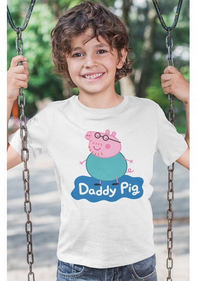 Sevbano Baba Pig Peppa Pig Baskılı Unisex Çizgi Film Çocuk Tişört 1-12 Y Beyaz