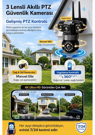 Rx113w Wifi 3 Kameralı Güvenlik Kamerası 15mp Ultra Hd Ptz Hareketli Sesli Gece Görüşlü Akıllı Kamera