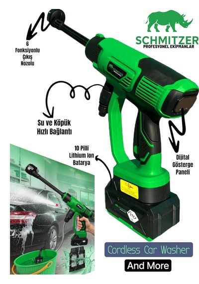 Schmıtzer Sch-2002y Pro 21v Brushless Motor Yüksek Basınçlı Şarjlı Oto Araba Yıkama Makinesi 3 Kademe Dijital Göstergeli 30