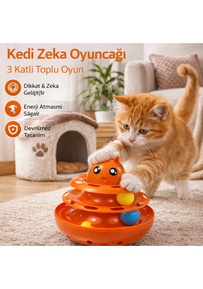 Hacıyatmaz Kedi Oyuncağı 3 Katlı Toplu Zeka Oyuncağı 20x21 Cm Devrilmez Interaktif Mama Oyuncağı