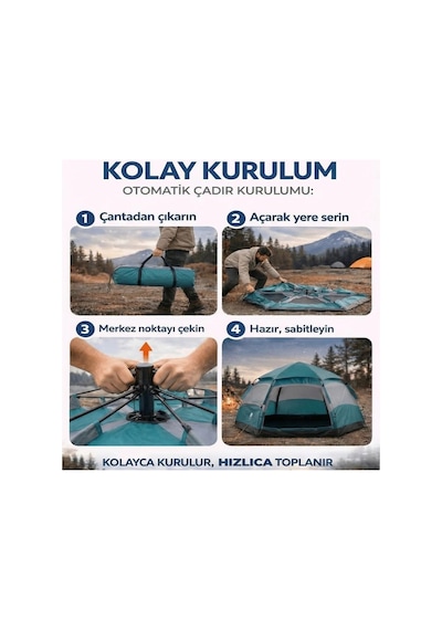 Buffer 4 Kişilik Otomatik Kamp Çadırı Altıgen Tasarım, Çift Kapılı, Suya Dayanıklı, Hızlı Kurulum Yeşil