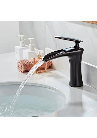 İsaoğlu Yapı Siyah Lavabo Bataryası Şelale Doğal Akışlı Musluk Mat Siyah Lavabo Musluğu Siyah