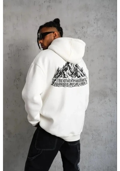 Vexor Erkek Nihilist Penguen Temalı Oversize Kapüşonlu Sweatshirt - Beyaz