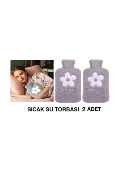 2 Adet Sıcak Su Torbası Peluş Papatya Desenli Gri 21x13,5x2cm 500 Ml Gri