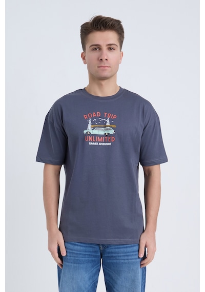 Velvoria Unisex Oversize Road Trip Baskılı Antrasit Renk T-shirt