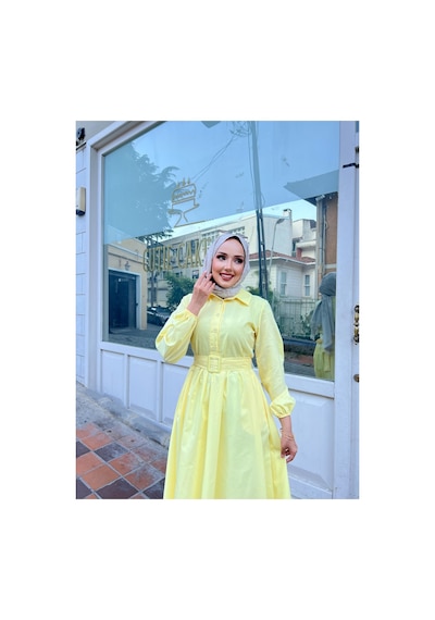 Riella Butik Gömlek Yakalı Tesettür Elbise-sarı