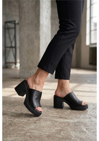 Moda Devrin Kadın Siyah Kalın Topuklu Terlik, Günlük Şık Platform Taban Terlik