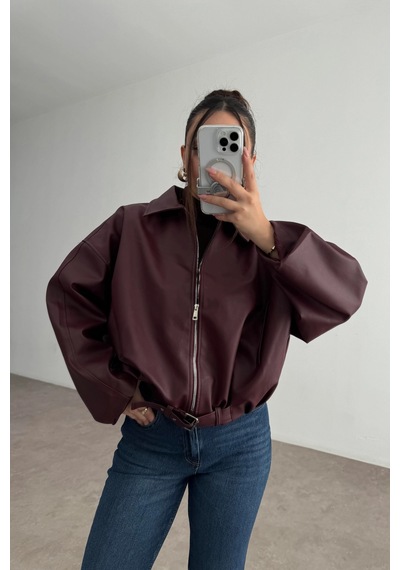 Pop Story Kadın Oversize Bomber Premium Deri Ceket Kemerli Bordo Bordo
