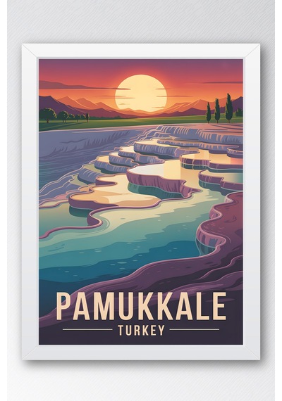 Pamukkale Tablo - Retro Travel Poster - Denizli Şehir Serisi Duvar Dekoru - Çerçeveli İllüstrasyon Beyaz