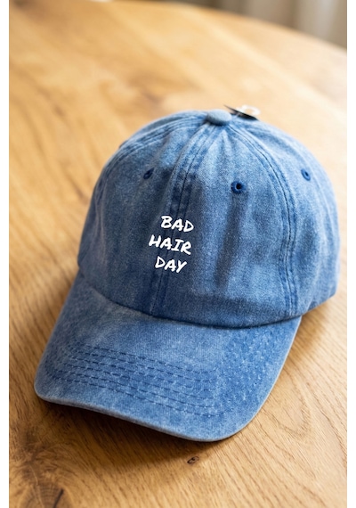 Emybox Bad Hair Day Yazılı Yıkamalı Unisex Şapka - Eskitme Metal Tokalı Ayarlanabilir Baskılı Beyzbol Şapka Mavi