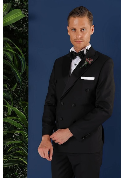 Efor Black 071slim Fit Çıkarılabilir Saten Yaka Kruvaze Siyah Damatlık Smokin Takım Siyah