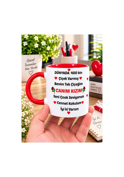 Porselen Motto Kızım Kupası Kırmızı Kırmızı