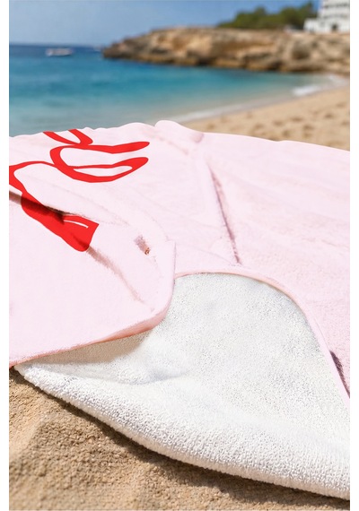 Pembe Yazı Detaylı Plaj Havlusu - Minimalist Pastel Kırmızı Oh La La Hızlı Kuruyan Mikrofiber Havlu Sedef Bahçe