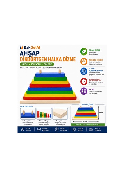 Bakgelal Ahşap Dikdörtgen Sıralama Oyuncağı Montessori Eğitici Renk Ve Boyut Eşleştirme 3+ Yaş - 0000716000002