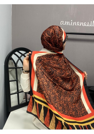 Aminenesil Cardion Premium Etnik Desen Şal Turuncu Siyah Renk Açık turuncu