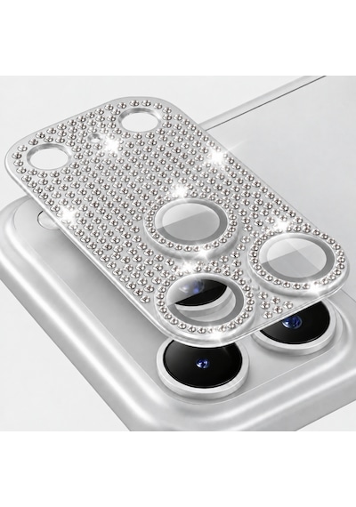 Apple iPhone 18 Pro Max Uyumlu Full Taşlı Ar Ve Af Özellikli Kamera Camı / Lensi Koruyucu Camı - Gümüş