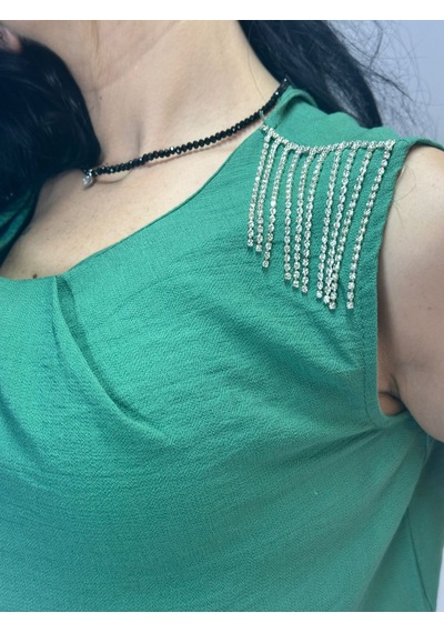 Gönülden Tasarım Zirkon Taş Püskül Apoletli Kadın Crop Bluz Yeşil