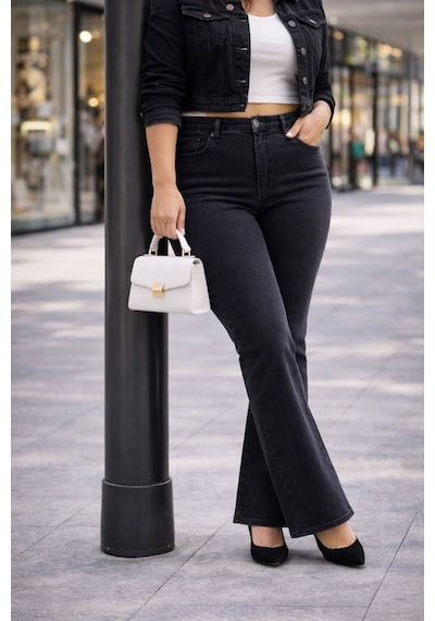 Cedy Denim Cedy Denım - Kadın Büyük Beden İspanyol Paça Yüksek Bel Skinny Fit Likralı Pantolon C628 Gri
