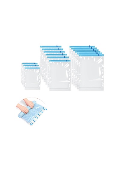 15 Paket Yeniden Kullanılabilir Roll Up Sıkıştırma Torbaları, 35x50,40x60cm+50x70cm Seyahat İçin Vakum Saklama To