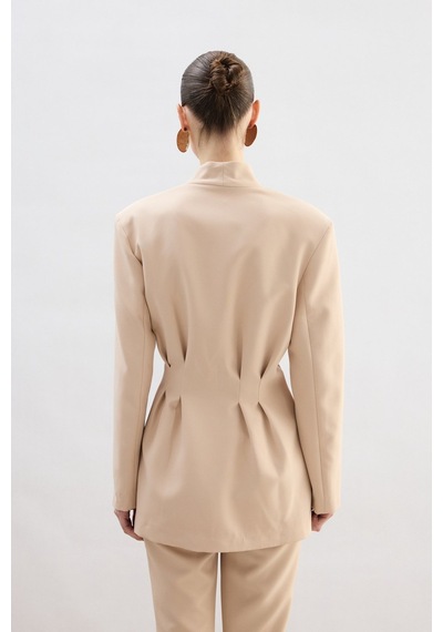 Sateen Gold Düğmeli Uzun Ceket - Bej-136771 Bej