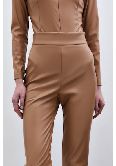 Sateen Yüksek Bel Deri Pantolon - Camel-135287 Camel