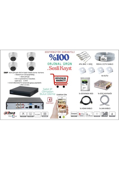 Dahua 5 Mp 4 Sesli Kameralı 30 Mt.renkli Gece Görüşlü Full Hd Bullet Kamera Seti