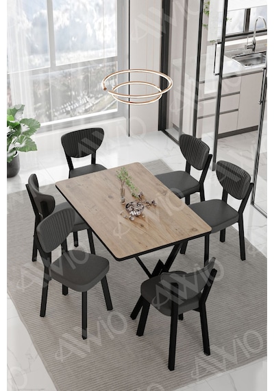 Avvio Vina Elma Sandalye 80x140 Yemek Masası Mutfak Masası 6 Kişilik Masa Sandalye Takım Akça