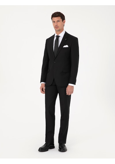Cacharel Siyah Slim Fit Yün Karışımlı Mikro Desenli Takım Elbise