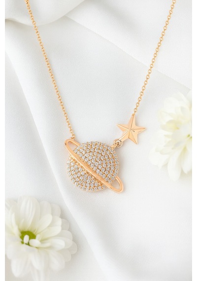 Çekirdekjewelry 925 Ayar Gümüş Rose Kaplama Gezegen Kolye Pembe